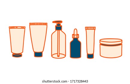 Hand drawn vector icon set of makeup and cosmetics bottle. llustration of make up collection for shop and spa. Dropper bottle for oil, face cream, hand cream, gel, moose.