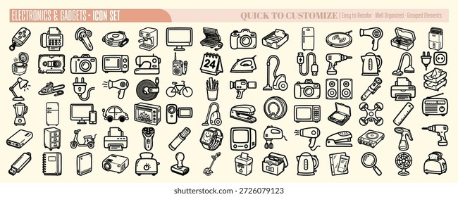 Un conjunto de íconos de Vector dibujado a mano muestra docenas de aparatos electrónicos y artilugios en un incompleto arte de línea negra sobre fondo beige, juguetón.