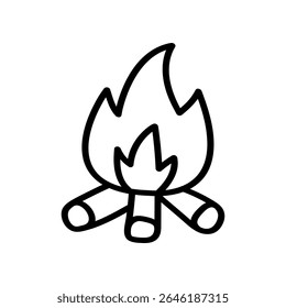 A hand drawn vector icon shows a campfire. Three logs are arranged with a flickering flame above them. The design is simple and in line art