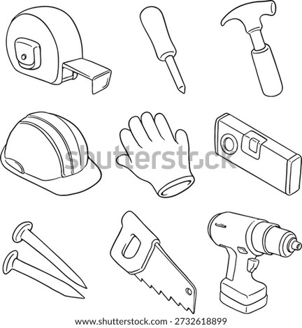 Hand drawn vector icons of industrial hardware and construction tools. Doodle style illustration of hammer, saw, drill, helmet, bolts, and nails. Isolated on white for DIY and engineering design.