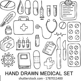 Hand drawn vector icons of medicine. Doodle lines on medical items.