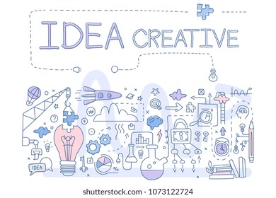 Hand drawn vector icons related to creative idea and startup. Books, rocket, brain, speech bubbles, light bulb, flasks, clock, diagram, lock and key