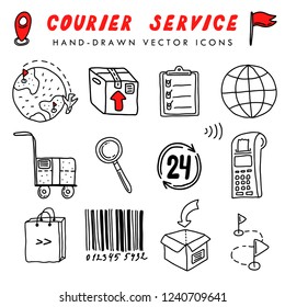 Hand drawn vector icons set with bold lettering for courier service and delivery banners, web and design. Outline style  express delivery icons isolated on white.