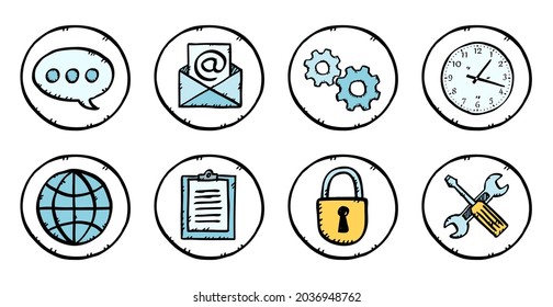 Hand drawn vector icons set of business theme. Sketch style colorful icons illustrations in circle.