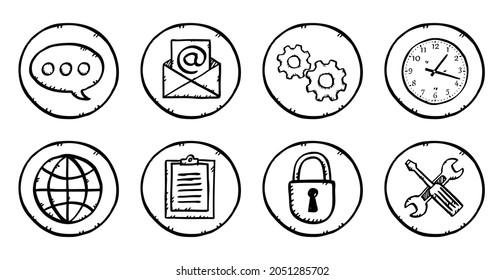 Hand drawn vector icons set of business theme. Sketch style black and white icons illustrations isolated on transparent background.