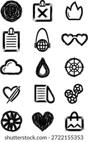 Conjunto de iconos vectoriales dibujados a mano con textura áspera y efecto de boceto, que incluye corazones, fuego, nube, gota, tecnología y símbolos de compras, estilo blanco y negro