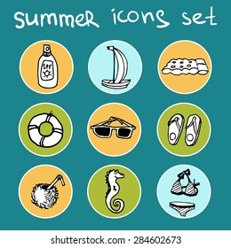 Hand drawn vector icons set, Summer vacation collection: beach, sea horse, bikini, coconut, lifebuoy, sunglasses, flip flops, air bed, boat, sun cream.
