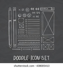 Hand drawn vector icons set website development doodles elements. Collection of web or decorating elements.