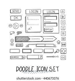 Hand drawn vector icons set website development doodles elements. Collection of web or decorating elements.