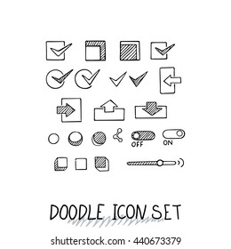 Hand drawn vector icons set website development doodles elements. Collection of web or decorating elements.