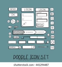 Hand drawn vector icons set website development doodles elements. Collection of web or decorating elements.
