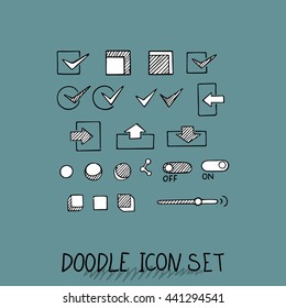 Hand drawn vector icons set website development doodles elements. Collection of web or decorating elements.