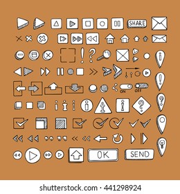 Hand drawn vector icons set website development doodles elements. Collection of web or decorating elements.