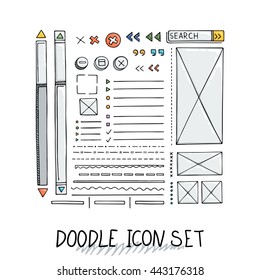 Hand drawn vector icons set website development doodles elements. Collection of web or decorating elements.