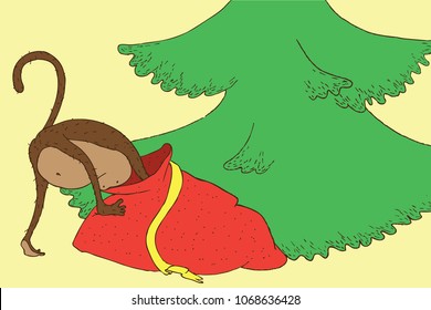 Hand Drawn Vector Illustartion for the New Year of the Monkey. Ape digging in the red bag near Christmas tree.