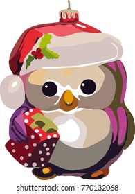 Hand drawn vector illustation of owl dressed in Christmas costume with red Christmas present 