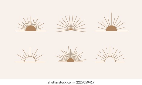 Hand drawn vector illustrartions set of boho sun symbols. One line  minimalist logo design templates.  Bohenmian elements for any design purposes