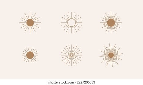 Hand drawn vector illustrartions set of boho sun symbols. One line  minimalist logo design templates.  Bohenmian elements for any design purposes