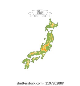 Hand drawn vector illustrated colorful map of Japan isolated on white background. Sketchy geographical map showing Mountains, flat, islands landscape areas. Doodle ribbon with Japanese sign
