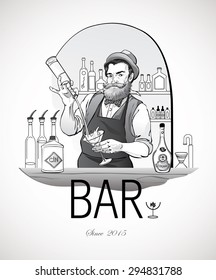 Hand drawn vector illustrated logo - Barman in work