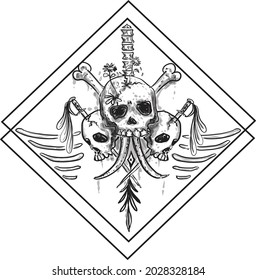 hand drawn vector illustration 3 head skull and bone. fit for tshirt design, tatto design, horor theme, halloween, 