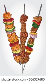 Dibujo manual vectorial de 3 brochetas de barbacoa con carne y verduras.