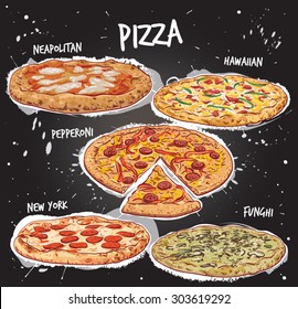 Hand drawn vector illustration of 5 varieties of pizza, including Neapolitan, Hawaiian, Pepperoni, New York and Mushroom pizza.