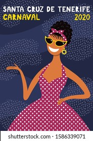Hand drawn vector illustration with 50s fashion girl in sunglasses, dress, Spanish text Santa Cruz de Tenerife Carnaval 2020. Flat style design. Concept for carnival poster, flyer, banner.