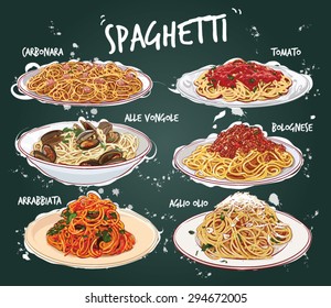 Hand drawn vector illustration of 6 common spaghetti dishes on plates.