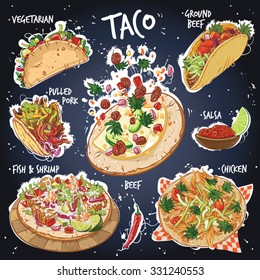 Hand Drawn Vector Illustration Of 6 Most Popular Taco Varieties Including Beef Taco, Ground Beef Taco, Vegetarian Taco, Pulled Pork Taco, Fish And Shrimp Taco, Chicken Taco With Salsa And Red Pepper.