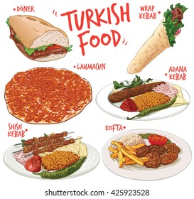 Hand drawn vector illustration of 6 traditional and popular Turkish Food varieties; including Half Bread Doner Kebab, Wrap Kebab, Lahmacun, Adana Kebab, Shish Kebab and Kofta or Turkish Meatballs.