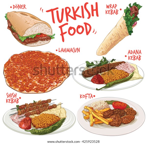 伝統的で人気のあるトルコ料理6種類の手描きのベクターイラスト ハーフ パン ドナー ケバブ ラップ ケバブ ラフマクン アダナ ケバブ シシ ケバブ コフタ トルコのミートボールを含む のベクター画像素材 ロイヤリティフリー