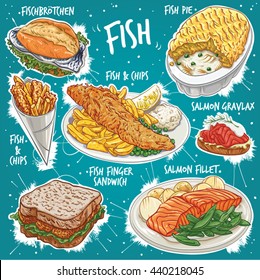 Hand drawn vector illustration of 7 popular types of Fish Food, including Fish Pie, Fish and Chips, Fish & Chips in cone, Salmon Gravlax, Fish Finger Sandwich, Salmon Fillet and German Fish Sandwich.