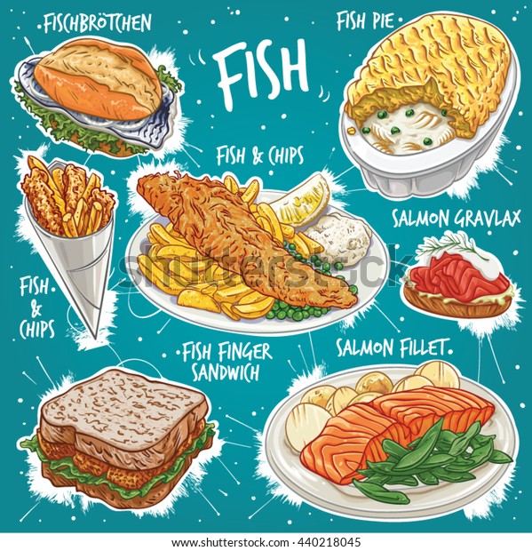 フィッシュパイ 魚 チップス 魚など7種類の魚料理の手描きのベクターイラスト のベクター画像素材 ロイヤリティフリー