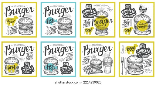 Hand drawn vector illustration of 8 variety popular Burger varieties, including Hamburger, Cheeseburger, Bacon, Double Decker, Slider, Luther, 5050 Burger, Juicy Lucy