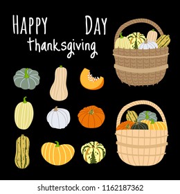 Hand drawn vector illustration of 9 pumpkins and 2 wicker baskets with pumpkins.Flat style design. Concept for gardening, autumn harvest. Perfect for packaging design of healthy food.