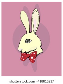 Hand drawn vector illustration "A muzzle of a white rabbit with a bow tie". Cartoon style