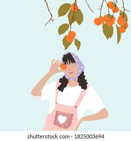 Hand drawn vector illustration about a young girl dressed in trendy clothes holding a ripe persimmon. Persimmon tree. Concept for holiday card, poster, banner, postcard.