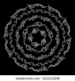 Hand drawn vector illustration. Abstract ornate mandala. Space elements, abstract stars, planets, vessels, galaxy and more. Wave signs and symbols, chalkboard style. Suitable for round frames