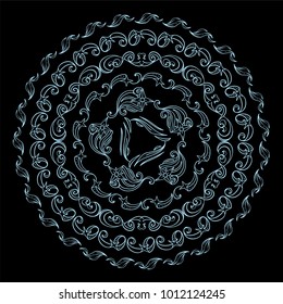 Hand drawn vector illustration. Abstract ornate mandala. Space elements, abstract stars, planets, vessels, galaxy and more. Wave signs and symbols, chalkboard style. Suitable for round frames