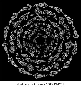 Hand drawn vector illustration. Abstract ornate mandala. Space elements, abstract stars, planets, vessels, galaxy and more. Wave signs and symbols, chalkboard style. Suitable for round frames
