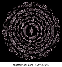 Hand drawn vector illustration. Abstract ornate mandala. Space elements, abstract stars, planets, vessels, galaxy and more. Wave signs and symbols, chalkboard style. Suitable for round frames