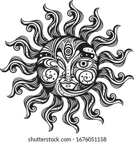 Hand drawn vector illustration.
Abstract cosmic symbol of the equinox. The sun and moon in harmony.