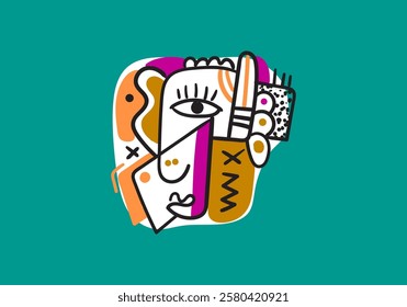 hand drawn vector illustration of an abstract face portrait featuring both male and female figures.