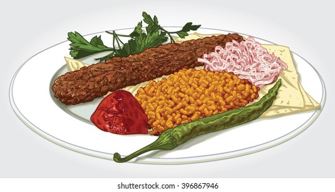 Handgezeichnete Vektorillustration mit einem Adana Kebab Gericht mit Hackfleisch/Faschiertem oder Rindfleisch, gekracktem Weizenpilaf, gegrillter Tomate, gegrillter grüner Pfeffer, Zwiebeln und Flachbrot/Lawaschmittel auf einem Teller.