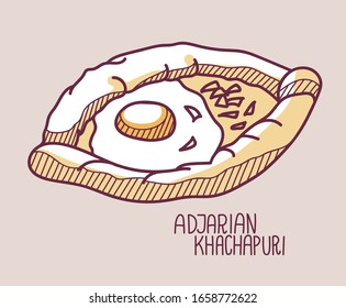 Dibujo manual de ilustraciones vectoriales de Adjarian khachapuri. Doodle de fondo pálido con título escrito a mano del plato.