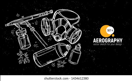 Hand drawn vector illustration of aerography tools. Protective mask (respirator), airbrush and spray paint. Set 4