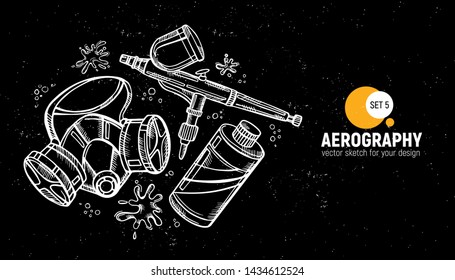 Hand drawn vector illustration of aerography tools. Protective mask (respirator), airbrush and paint. Set 5