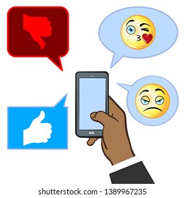 Hand drawn vector illustration of a African American hand holding a cellphone and chatting. text bubbles with like and disslike thumb. smile with heart