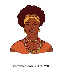 Hand drawn Vector illustration Afro american woman  with a black hair and a gold earring. Black History Month concept.